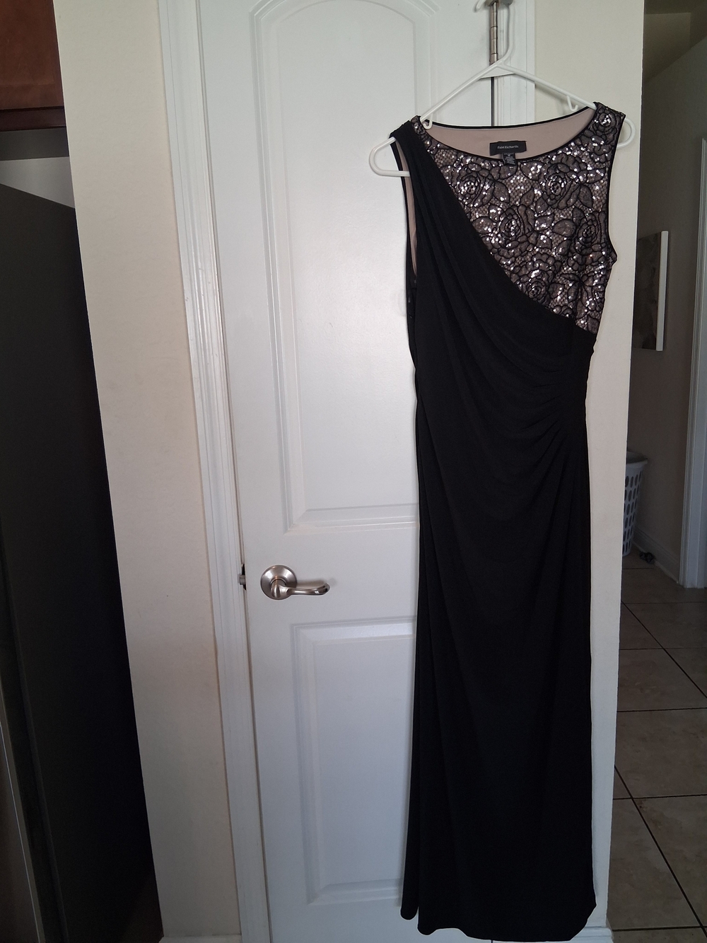 R & M Richards Black Evening Gown with Metallic Lace Yoke